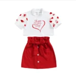 Summer New Style For Girls And Children Casual Letter Print Transparent Sleeve Top Red Bow Belt Love Pocket Short Skirt Set